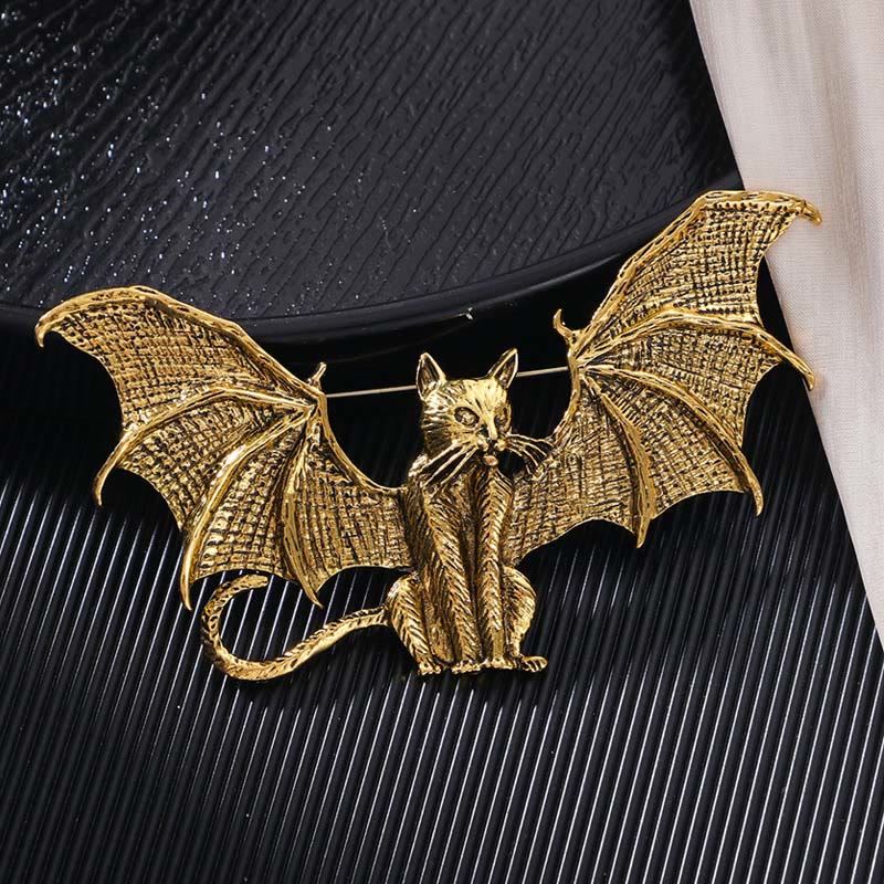Broche de Halloween con forma de gato alado dorado y plateado - Dorado - image 1