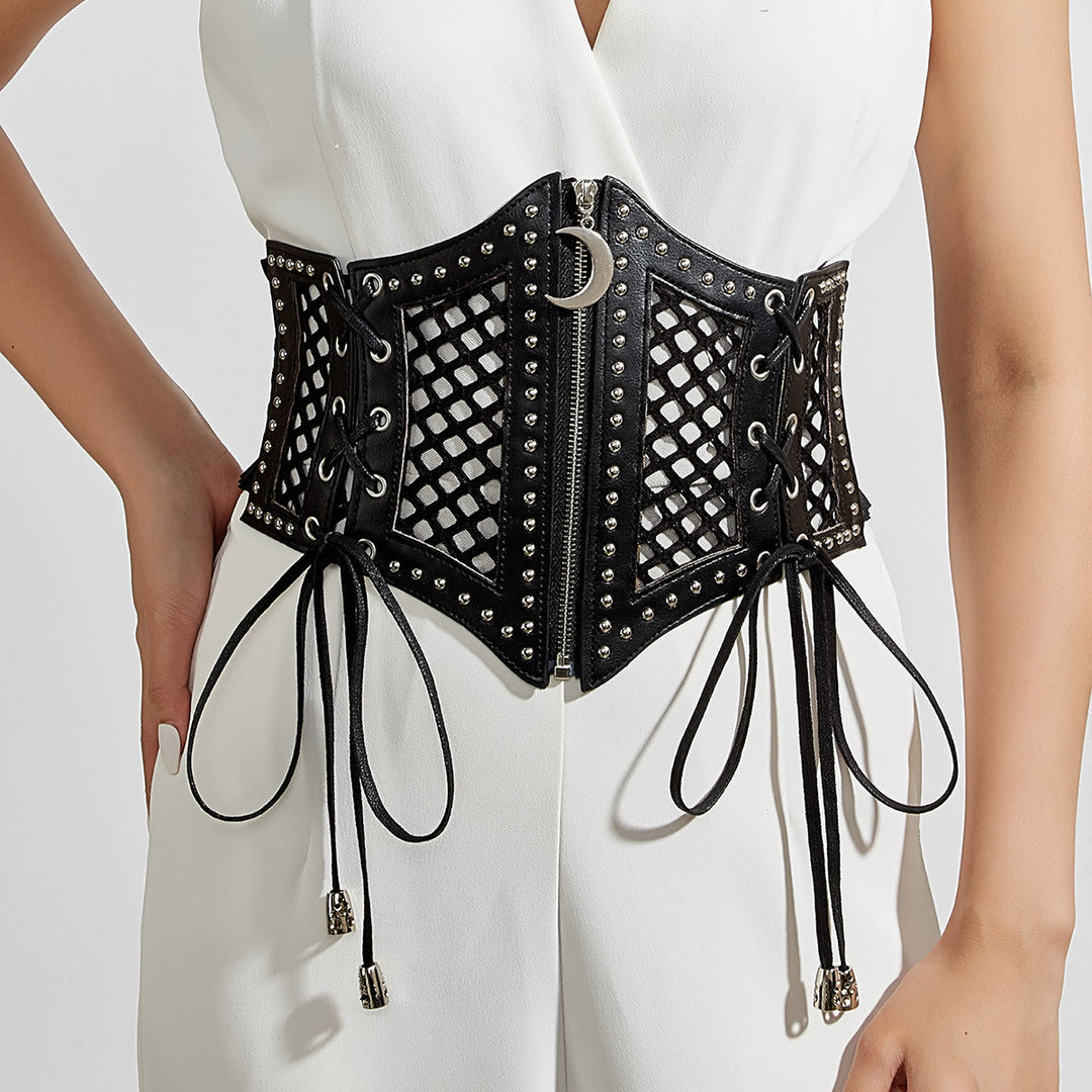 Cinturón de corsé de malla con cremallera y correa de moda negra para mujer - Negro - image 1