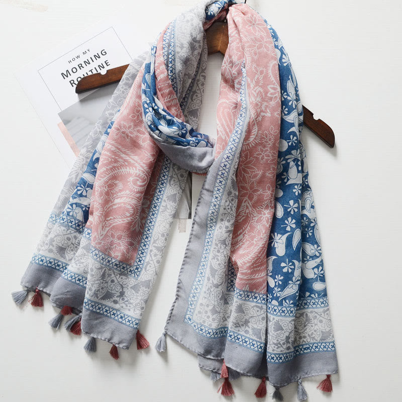 Bufanda con estampado de anacardos y bloques de color estilo bohemio - Azul y rosa - image 0