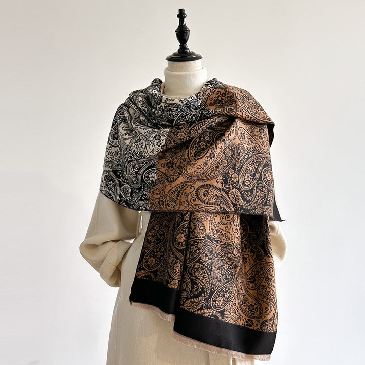 Bufanda cálida de invierno para mujer con estampado retro exótico de anacardos - Negro - image 3