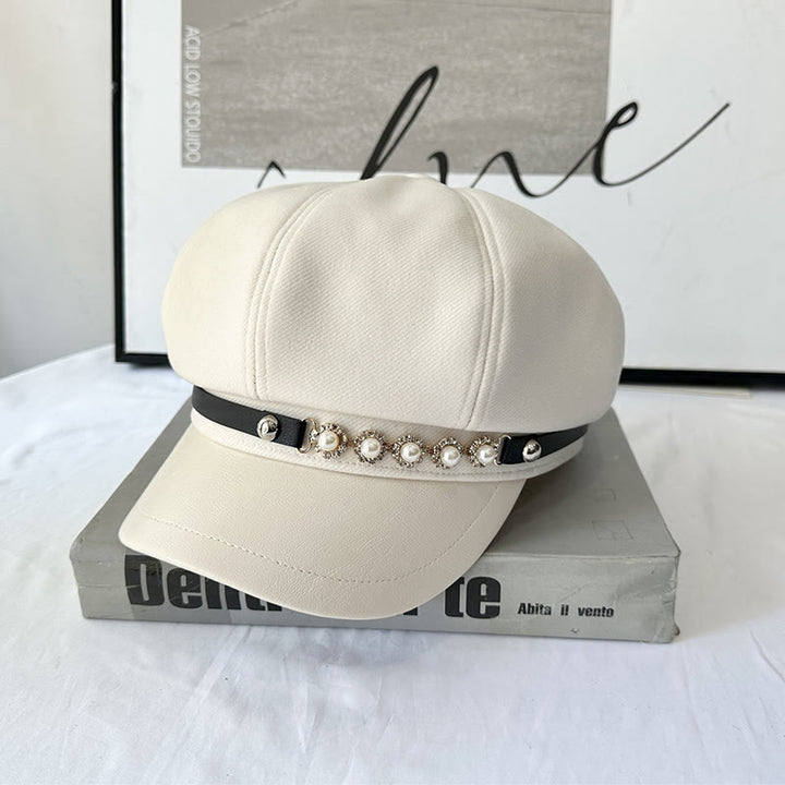 Boina de invierno para mujer con hebilla de metal y girasol perlado - Beige - Ajustable (21 1/4"-22 7/8") - image 0