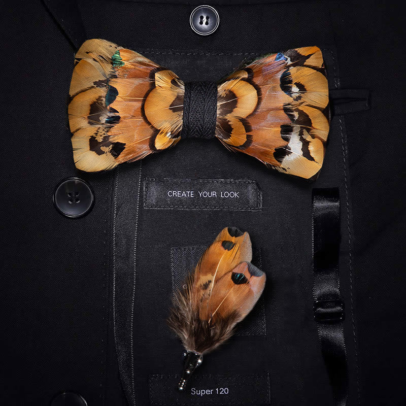 Pajarita con plumas de faisán en beige y dorado y broche de solapa - Adulto - image 0