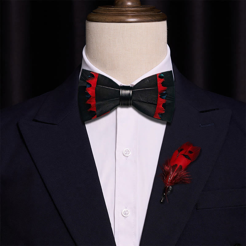 Pajarita con plumas de cisne negras y rojas y broche de solapa - image 2