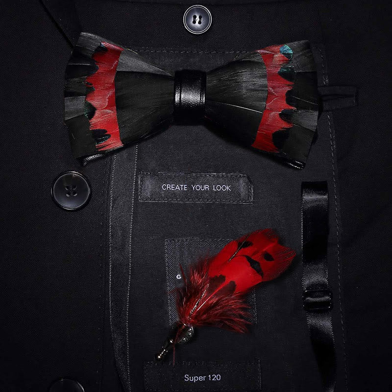 Pajarita con plumas de cisne negras y rojas y broche de solapa - Adulto - image 0