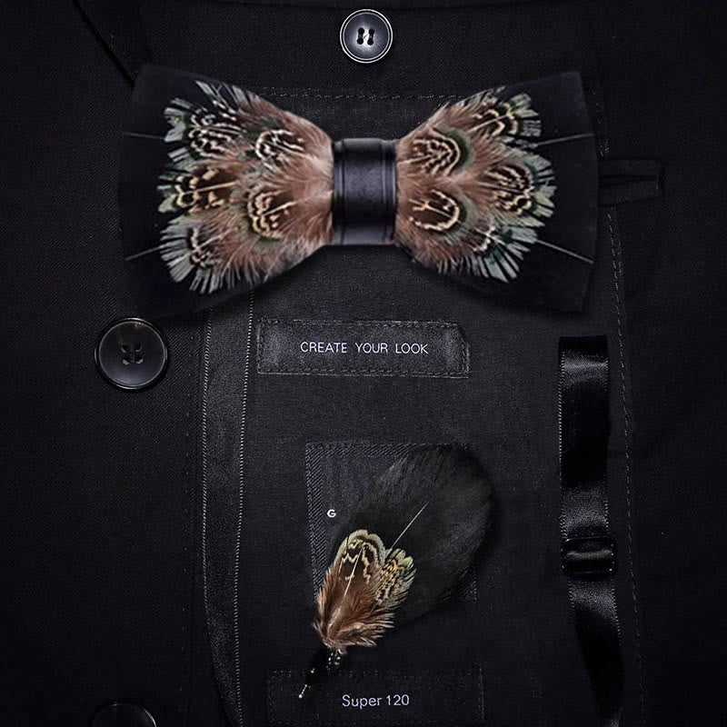 Pajarita con plumas de faisán en negro y marrón intenso y broche de solapa - Adulto - image 0