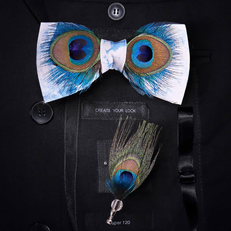 Pajarita de plumas de pavo real con ojos teñidos en azul y blanco - Azul y blanco - image 0