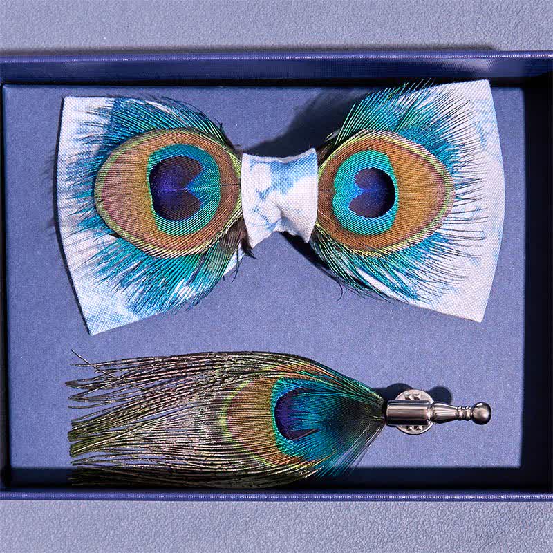 Pajarita de plumas de pavo real con ojos teñidos en azul y blanco - image 3