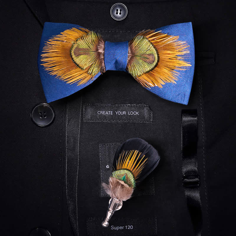Pajarita de plumas de pavo real majestuosas azules y amarillas - Azul y amarillo - image 0