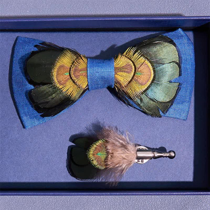 Pajarita de plumas de pavo real de lino verde oscuro y azul - image 3