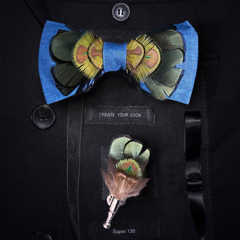 Pajarita de plumas de pavo real de lino verde oscuro y azul - Verde oscuro y azul - image 0