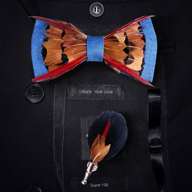 Pajarita de plumas rojas entrecruzadas con faisán marrón - Azul y marrón - image 0