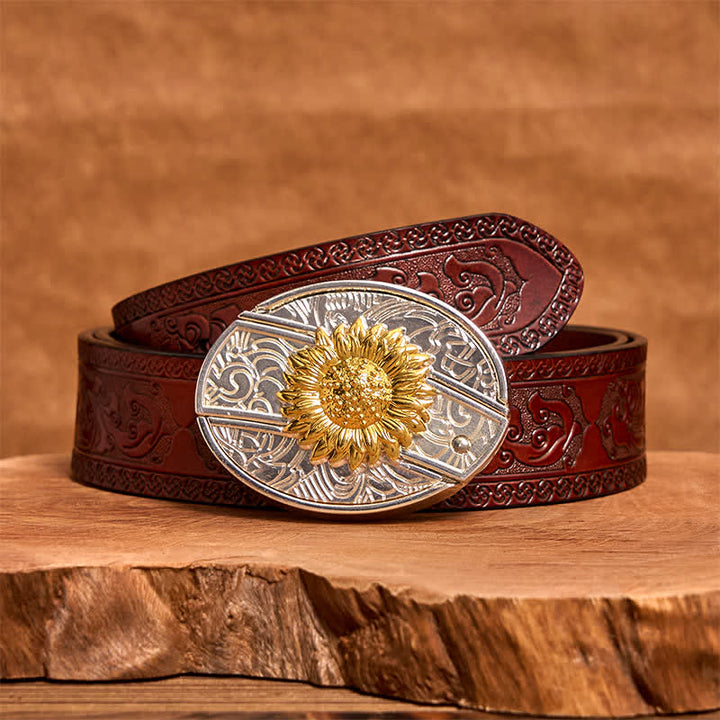 Cinturón de cuero con navaja plegable oculta con diseño de girasol dorado y plateado para hombre - Girasol - Cinturón tallado marrón - 42 - image 7