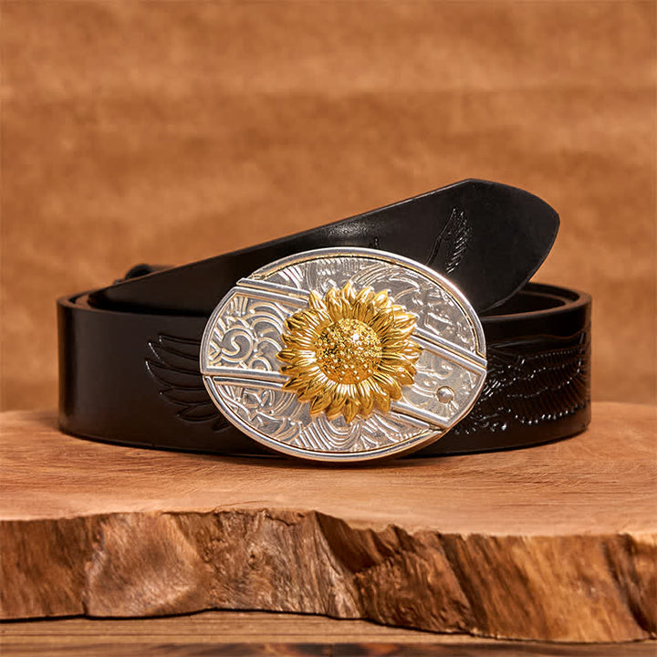 Cinturón de cuero con navaja plegable oculta con diseño de girasol dorado y plateado para hombre - Girasol - Cinturón de águila negra en relieve - 42 - image 4