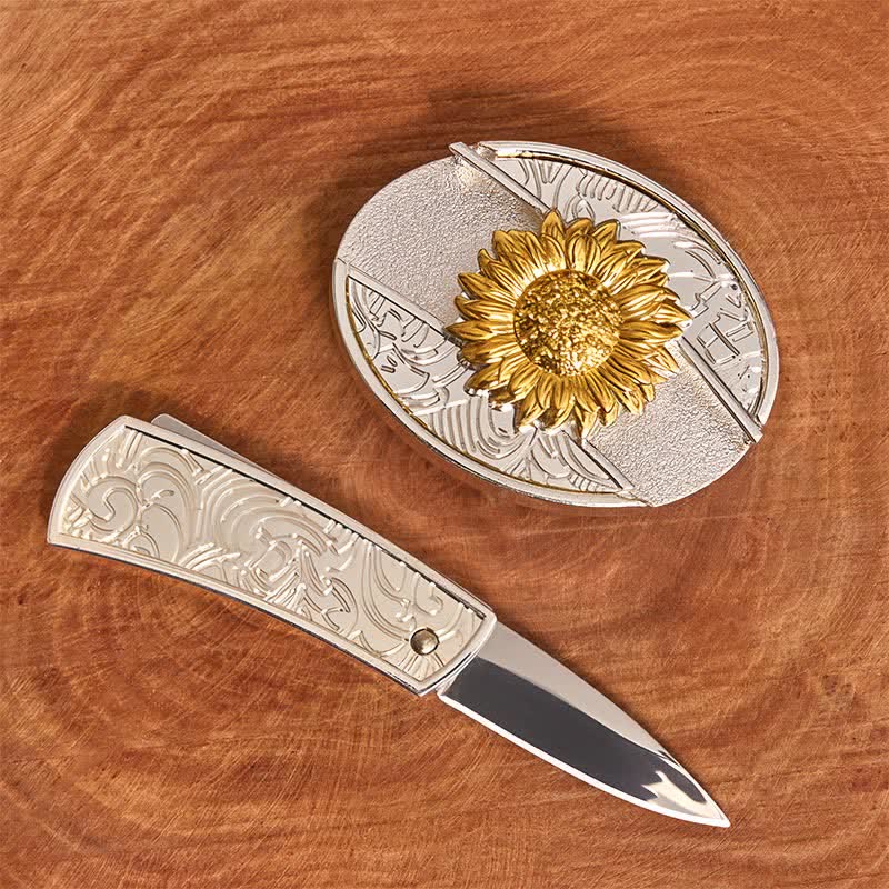 Cinturón de cuero con navaja plegable oculta con diseño de girasol dorado y plateado para hombre - image 1