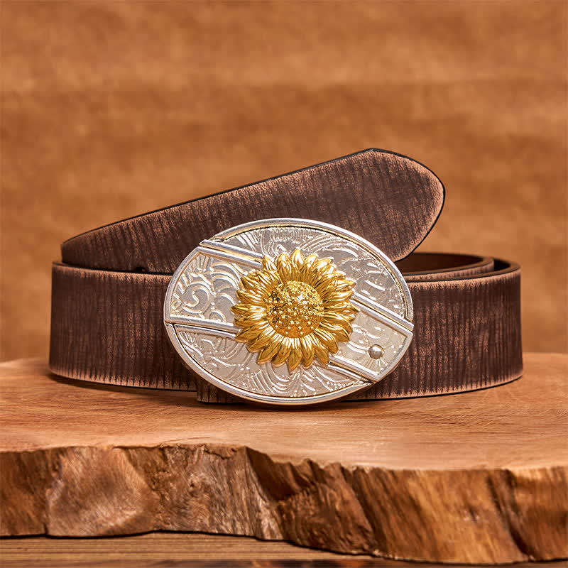 Cinturón de cuero con navaja plegable oculta con diseño de girasol dorado y plateado para hombre - Girasol - Cinturón marrón desgastado - 42 - image 6