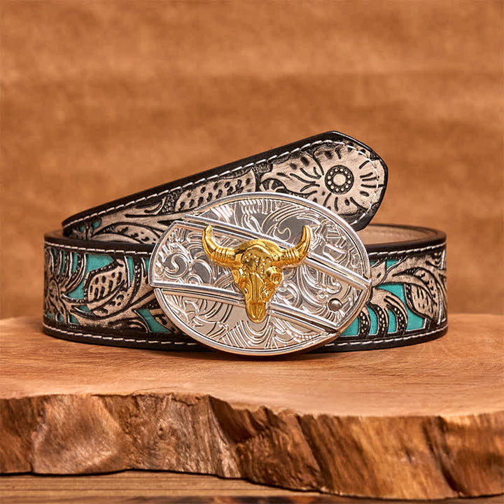 Cinturón de cuero con navaja plegable oculta de toro dorado y plateado para hombre - image 9