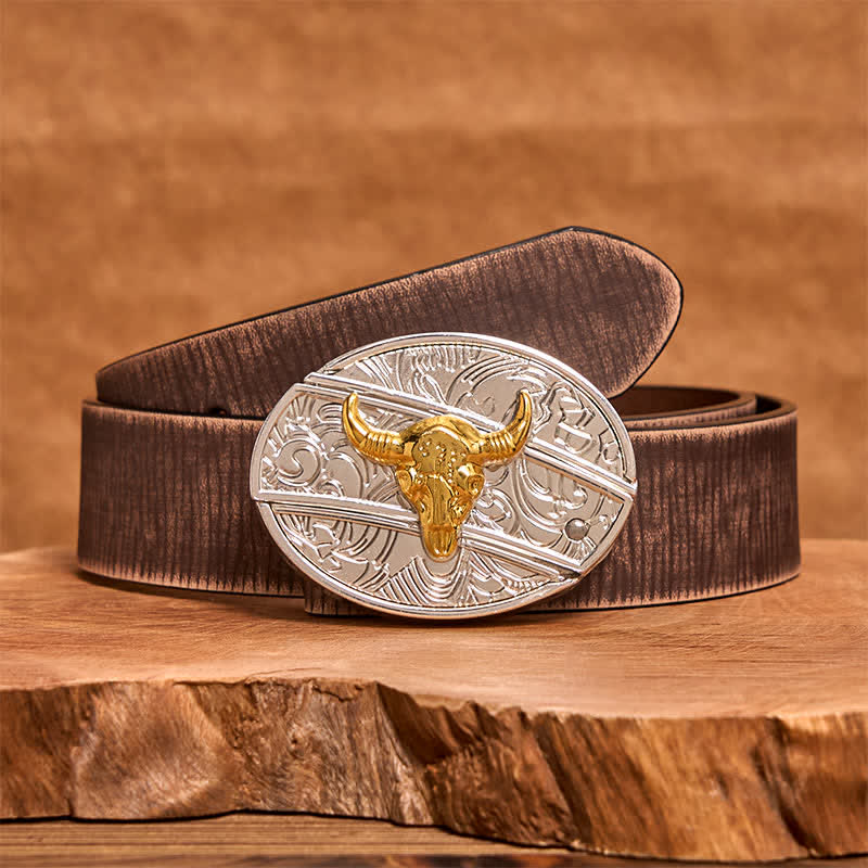Cinturón de cuero con navaja plegable oculta de toro dorado y plateado para hombre - Toro - Cinturón marrón desgastado - 42 - image 6