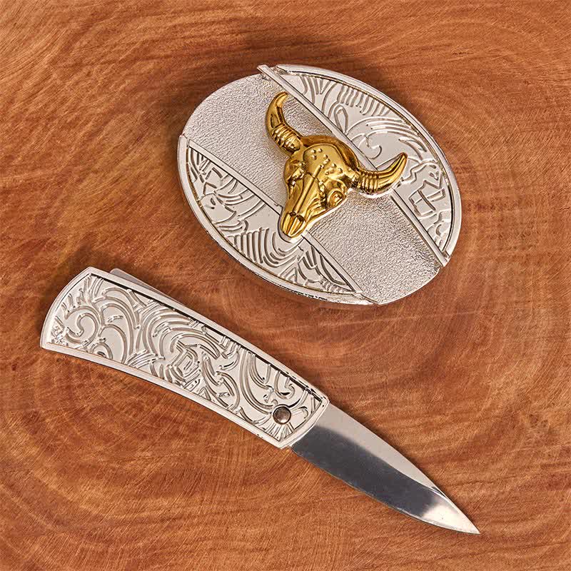 Cinturón de cuero con navaja plegable oculta de toro dorado y plateado para hombre - image 1