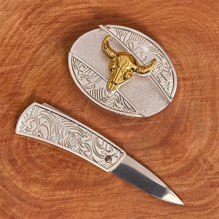 Cinturón de cuero con navaja plegable oculta de toro dorado y plateado para hombre - image 1