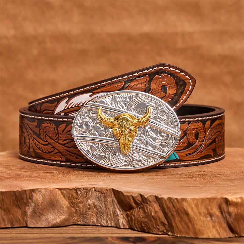 Cinturón de cuero con navaja plegable oculta de toro dorado y plateado para hombre - Toro - Cinturón de plumas marrones - 40 - image 8