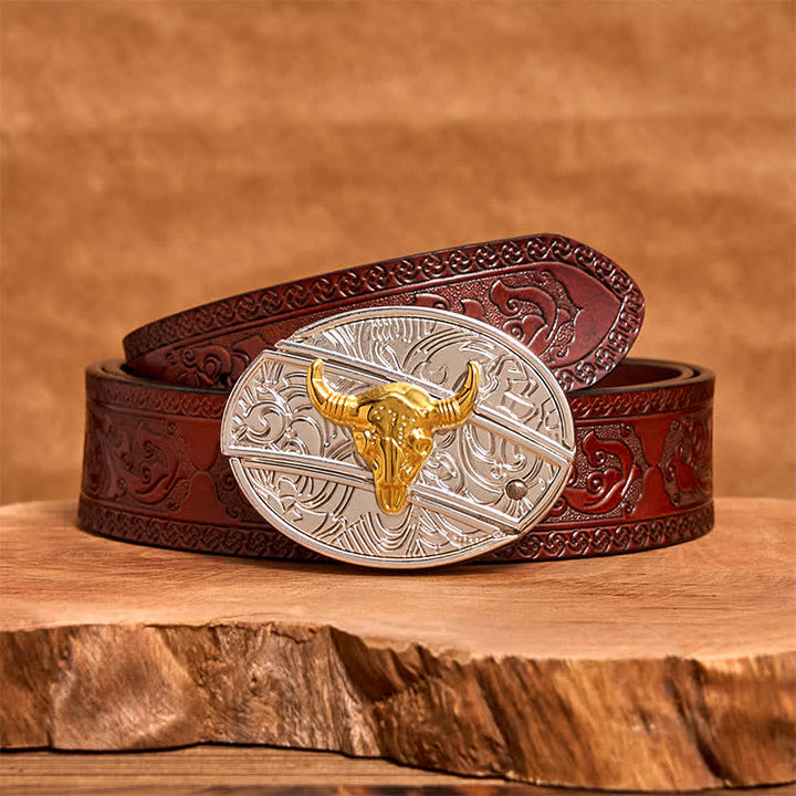 Cinturón de cuero con navaja plegable oculta de toro dorado y plateado para hombre - Toro - Cinturón tallado marrón - 42 - image 7
