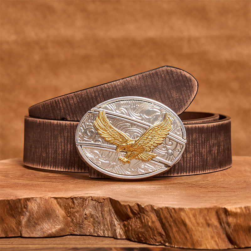 Cinturón de cuero con cuchillo plegable oculto de águila dorada y plateada para hombre - Águila - Cinturón marrón desgastado - 42 - image 6