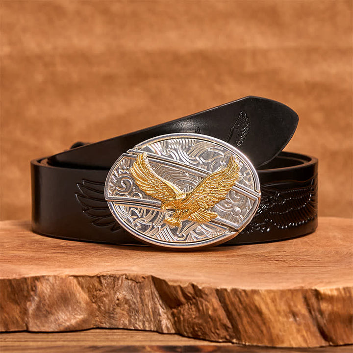 Cinturón de cuero con cuchillo plegable oculto de águila dorada y plateada para hombre - Águila - Cinturón de águila negra en relieve - 42 - image 4