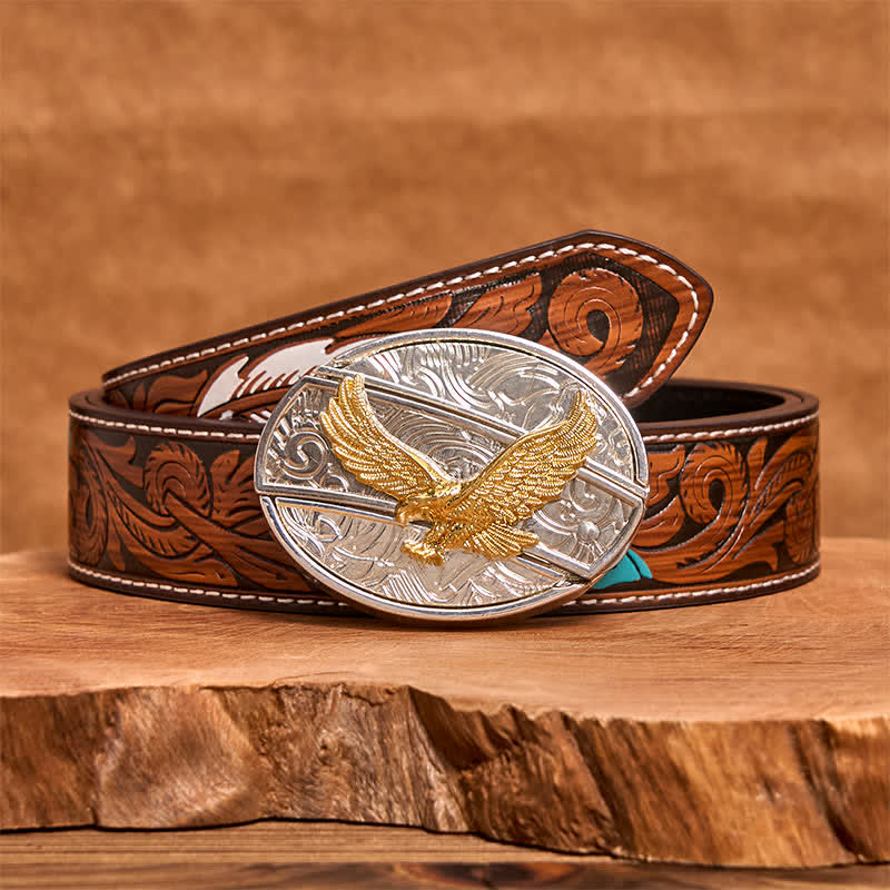 Cinturón de cuero con cuchillo plegable oculto de águila dorada y plateada para hombre - Águila - Cinturón de plumas marrones - 40 - image 8