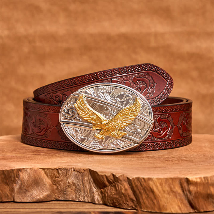 Cinturón de cuero con cuchillo plegable oculto de águila dorada y plateada para hombre - Águila - Cinturón tallado marrón - 42 - image 7