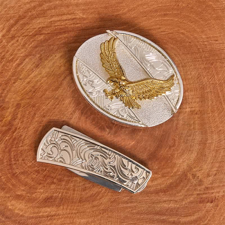 Cinturón de cuero con cuchillo plegable oculto de águila dorada y plateada para hombre - image 2