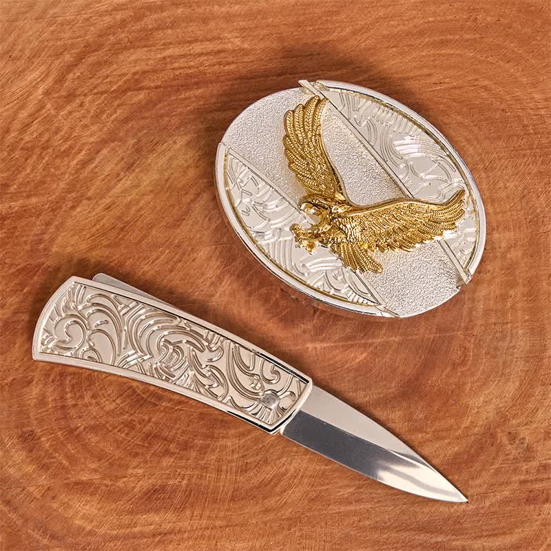 Cinturón de cuero con cuchillo plegable oculto de águila dorada y plateada para hombre - image 1