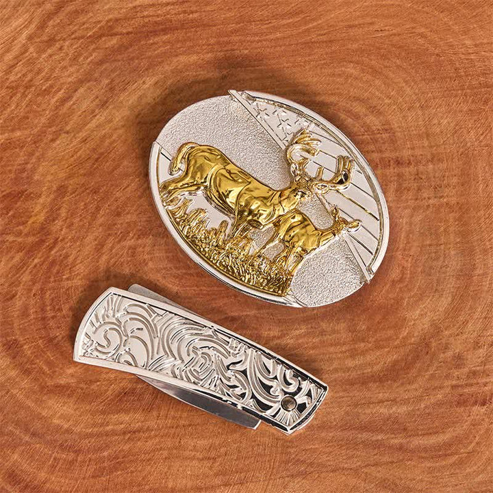 Cinturón de cuero con cuchillo plegable oculto con ciervos dorados y plateados para hombre - image 2