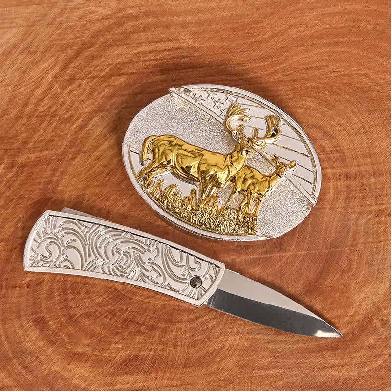 Cinturón de cuero con cuchillo plegable oculto con ciervos dorados y plateados para hombre - image 1