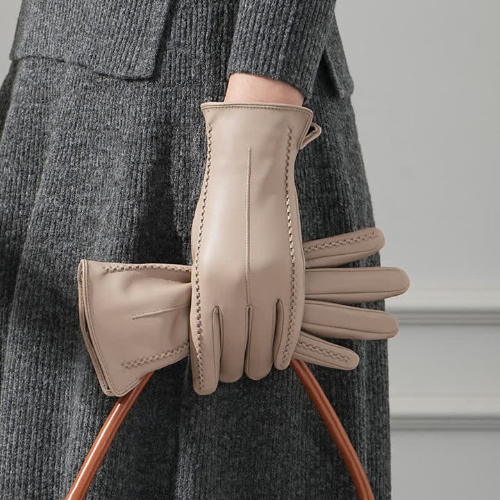 Guantes de piel de oveja auténtica con arrugas para mujer - Caqui claro - Delgado - Yo - image 9