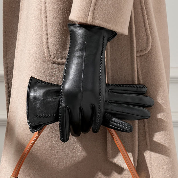 Guantes de piel de oveja auténtica con arrugas para mujer - Negro - Forrado con vellón - Yo - image 3