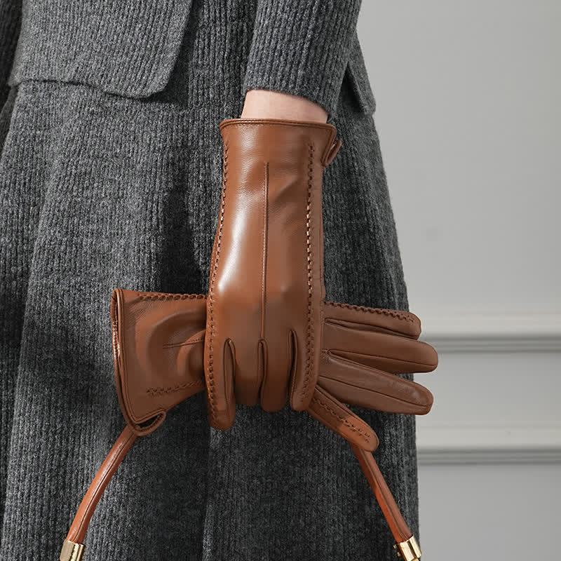 Guantes de piel de oveja auténtica con arrugas para mujer - Chocolate - Forrado con vellón - Yo - image 0