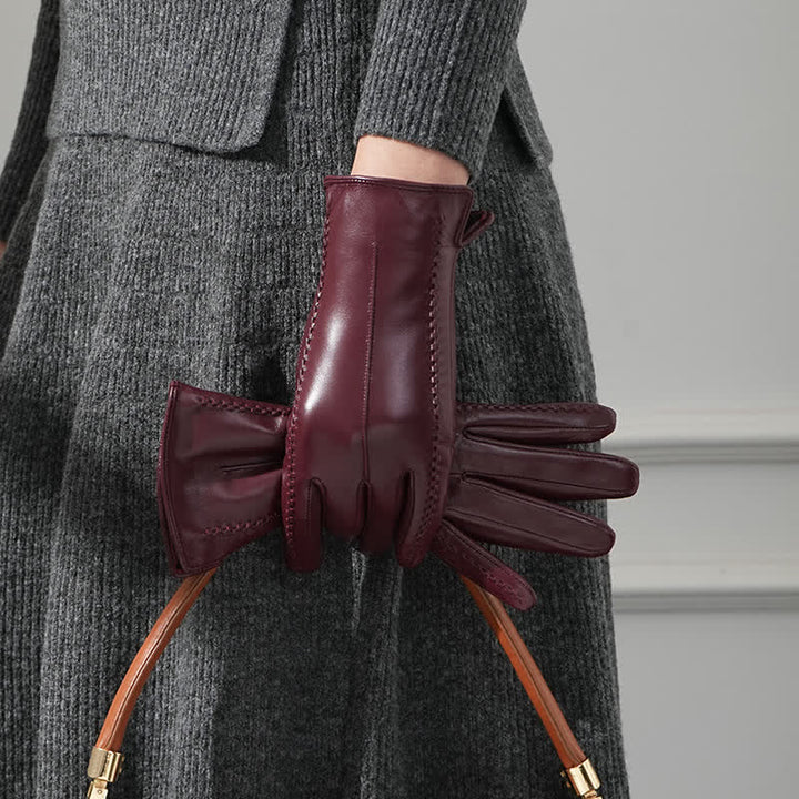 Guantes de piel de oveja auténtica con arrugas para mujer - borgoña - Forrado con vellón - Yo - image 7