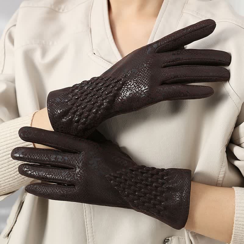 Guantes de terciopelo suave con estampado de pitón brillante para mujer - Marrón oscuro - image 0