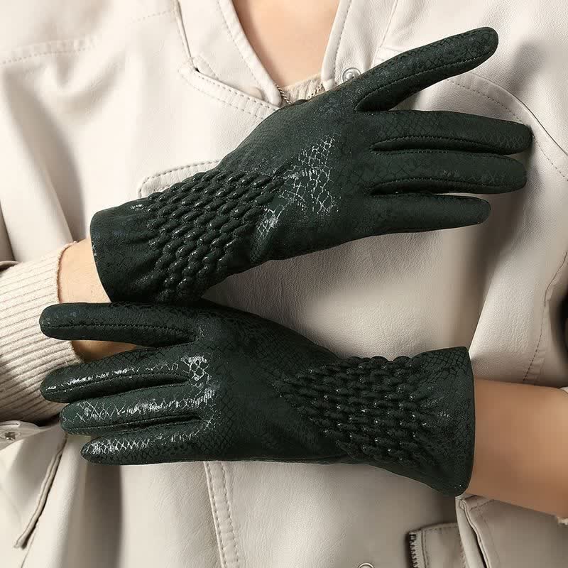 Guantes de terciopelo suave con estampado de pitón brillante para mujer - Verde - image 10