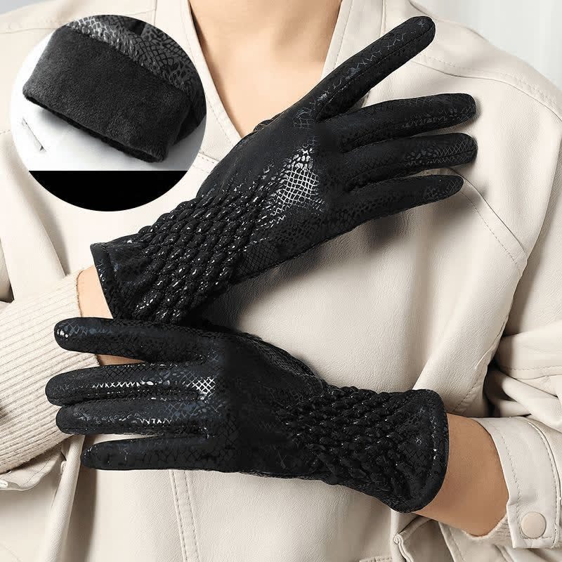 Guantes de terciopelo suave con estampado de pitón brillante para mujer - Negro - image 2