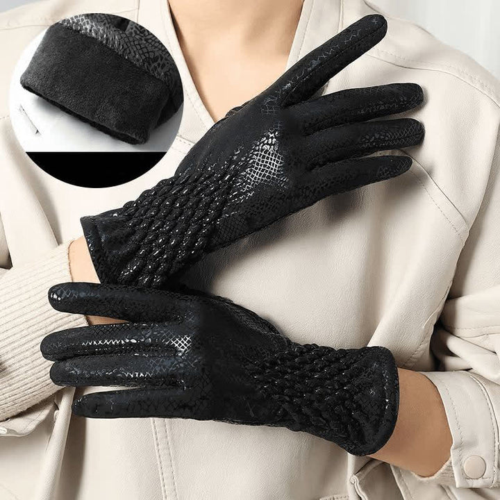 Guantes de terciopelo suave con estampado de pitón brillante para mujer - Negro - image 2