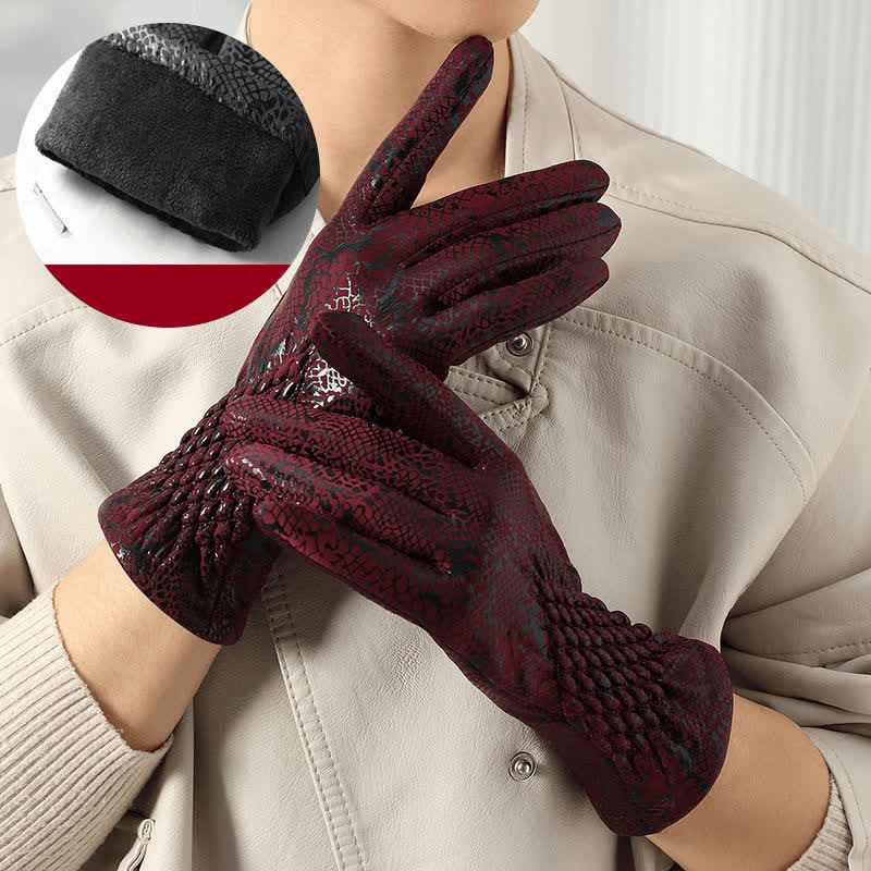 Guantes de terciopelo suave con estampado de pitón brillante para mujer - Vino tinto - image 9
