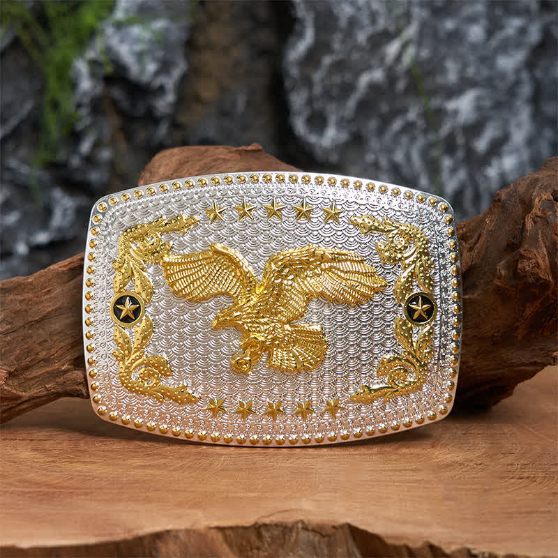 Cinturón de cuero rectangular con hebilla grande de águila voladora en dos tonos, hecho a mano - Águila en vuelo - Sin cinturón - Cinturón no incluido - image 0