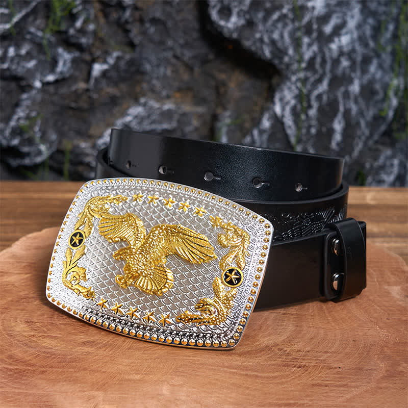 Cinturón de cuero rectangular con hebilla grande de águila voladora en dos tonos, hecho a mano - Águila en vuelo - Cinturón de águila negra en relieve - 42 - image 3
