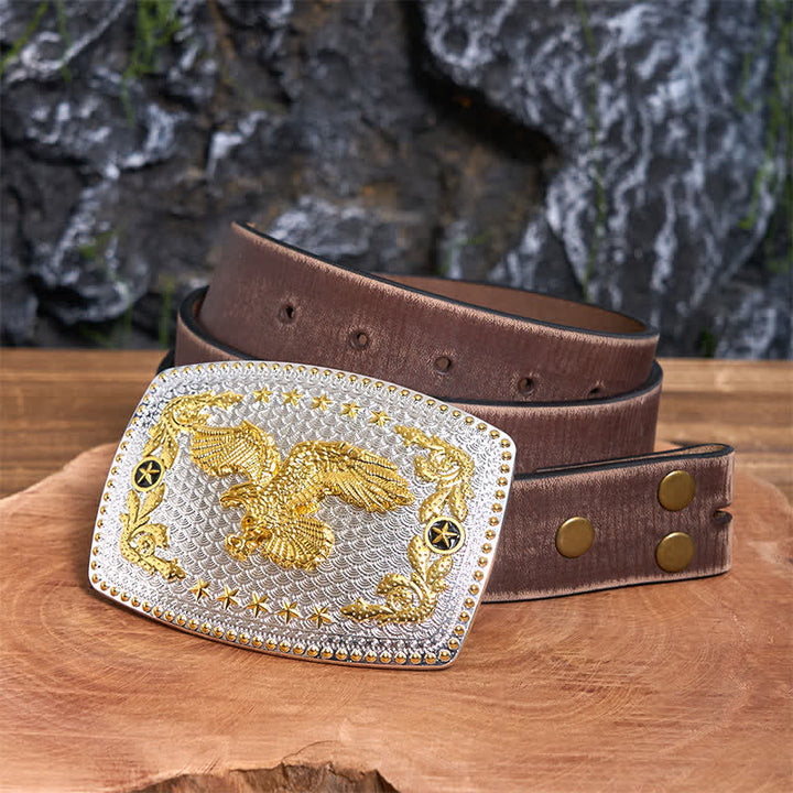 Cinturón de cuero rectangular con hebilla grande de águila voladora en dos tonos, hecho a mano - Águila en vuelo - Cinturón marrón desgastado - 42 - image 6