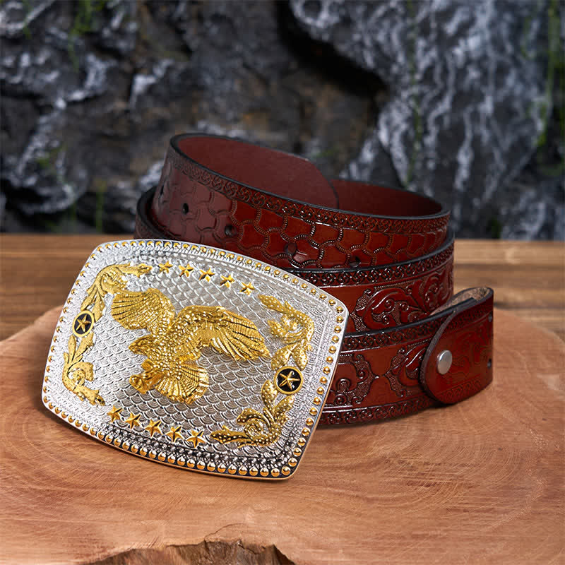 Cinturón de cuero rectangular con hebilla grande de águila voladora en dos tonos, hecho a mano - Águila en vuelo - Cinturón tallado marrón - 42 - image 7