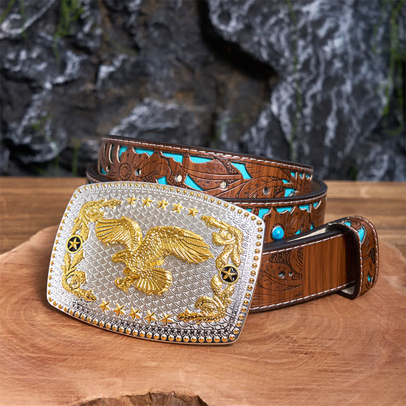 Cinturón de cuero rectangular con hebilla grande de águila voladora en dos tonos, hecho a mano - Águila en vuelo - Cinturón tallado en turquesa - 42 - image 4