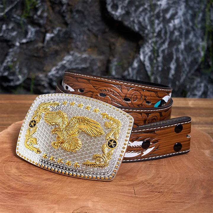 Cinturón de cuero rectangular con hebilla grande de águila voladora en dos tonos, hecho a mano - Águila en vuelo - Cinturón de plumas marrones - 40 - image 8