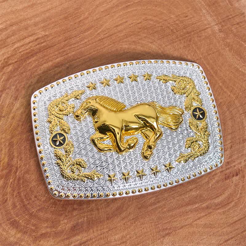 Cinturón de cuero rectangular con hebilla grande de caballo corriendo en dos tonos - image 1