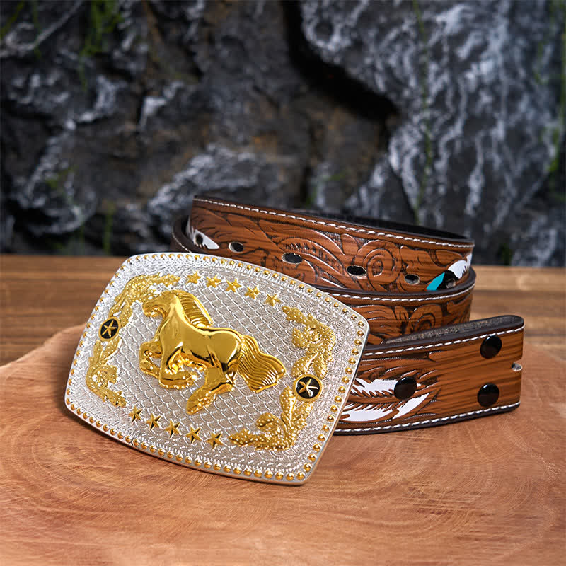 Cinturón de cuero rectangular con hebilla grande de caballo corriendo en dos tonos - Caballo corriendo - Cinturón de plumas marrones - 40 - image 8